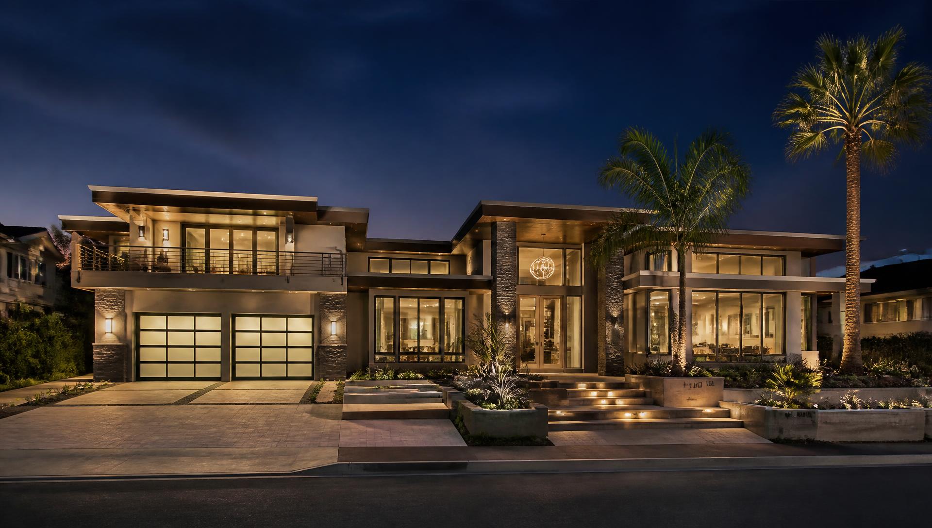 Illuminated luxury executive residence in Southern California at dusk